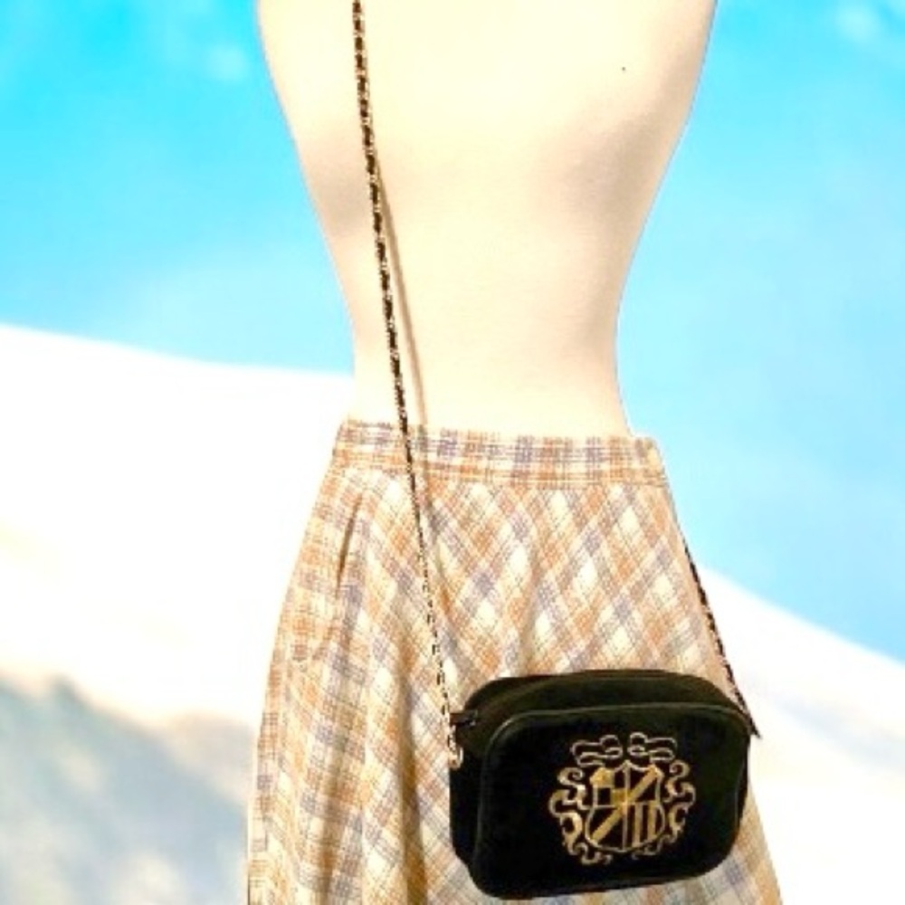 Vintage 1980’s Black Suede Shoulder Bag with Gold Chain Strap, Crossbody